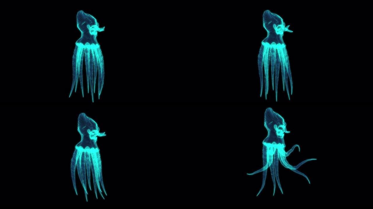 黑底怪物章鱼的3d线框动画