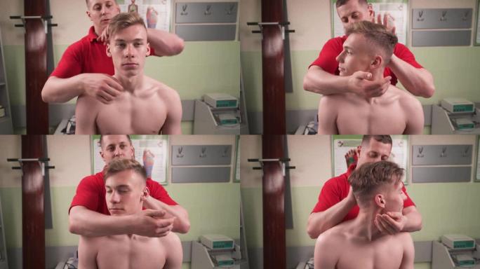 手动治疗师向年轻的运动男性患者伸展力量的前视图。颈椎疼痛缓解疗法