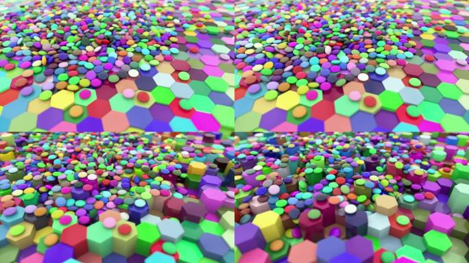彩色几何形状抽象背景。六角柱和扁球以混沌流动运动。广角摄像头和平移拍摄视频。