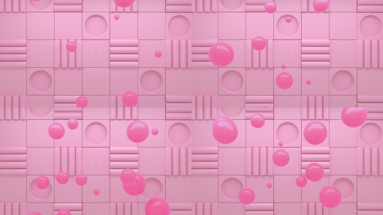 热粉红色的球漂浮在甜美柔和的粉红色背景上。抽象糖果柔和的颜色。飞圆元素。极简主义空白场景，方形，圆形