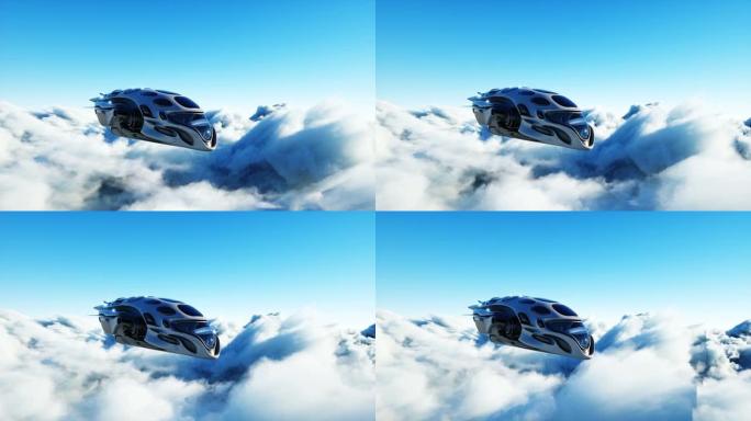未来派科幻飞船在云层中飞行。逼真的4k动画。