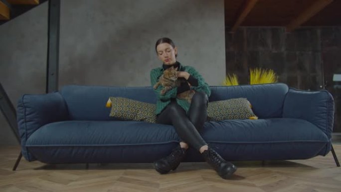 有爱心的女宠物主人在沙发上抚摸虎斑猫