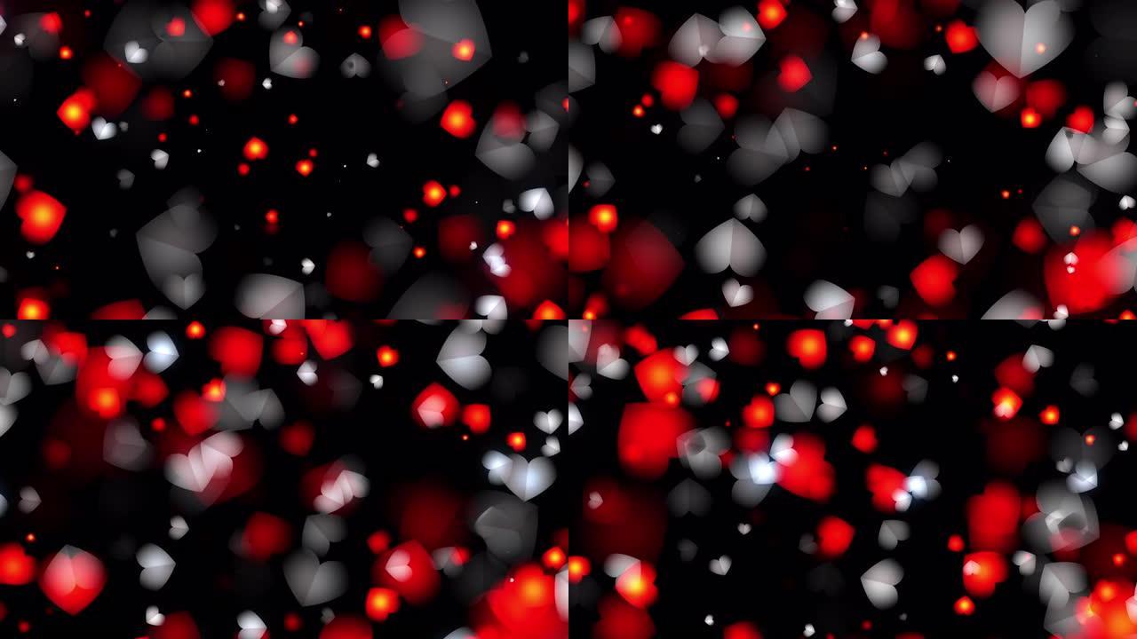 抽象发光的红色和白色心脏粒子褪色在黑屏背景循环动画中漂浮。4K 3D循环。母亲节、婚姻、情人节、婚礼
