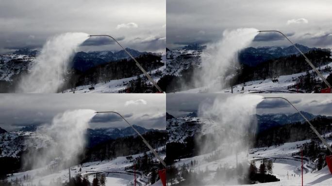 雪炮正在滑雪场制造人造雪。