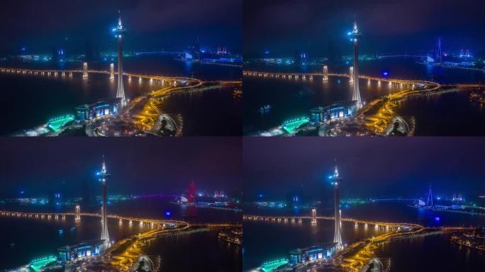 夜间照明澳门城市著名塔交通湾路空中全景4k延时中国