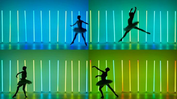 古典芭蕾编舞。年轻的芭蕾舞演员表演舞步，并在明亮的霓虹灯背景下在黑暗的工作室中跳跃。穿着白色短裙的剪
