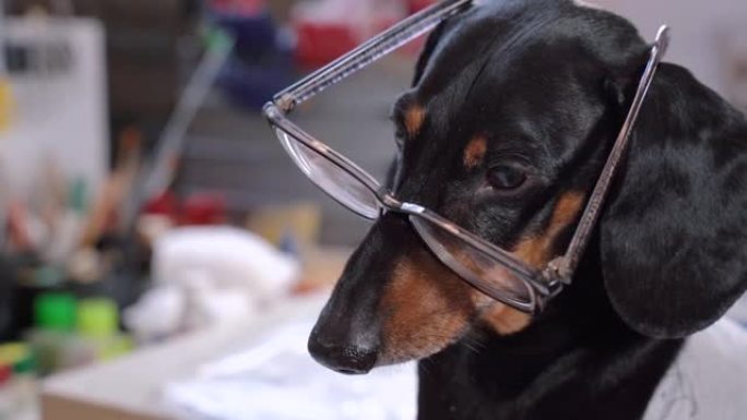 一只可爱的狗一只戴眼镜的腊肠犬低头看东西，眼镜掉下来。