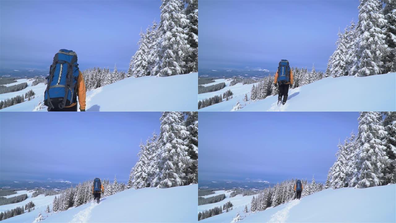 一位游客在山上的雪中漫步。