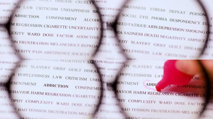 用粉红色标记突出 “成瘾” 一词，通过放大镜查看。一个人的坏习惯，对于社交广告视频