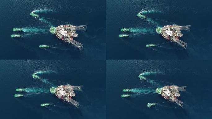空中俯视图拖船从炼油厂大桥拖运油轮，用于海上运输库存视频