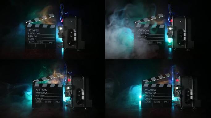黑色背景上有雾和光线的老式电影放映机。电影制作的概念。选择性聚焦