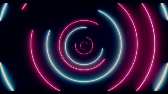螺旋可循环霓虹灯发光荧光复古科幻未来紫色蓝色激光圈旋转灯在深黑色平原背景空白空间