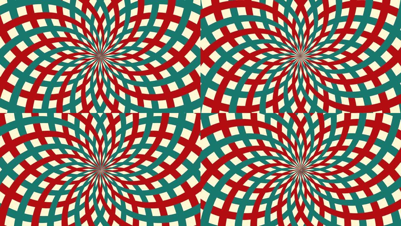 催眠马戏团动画旋转循环红色和绿色线条条纹的背景。复古运动图形太阳光束射线。复古趣味博览会爆裂。嘉年华