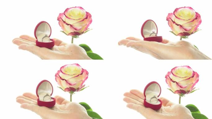 在礼品盒中展示美丽的玫瑰和戒指，呈心形。4k