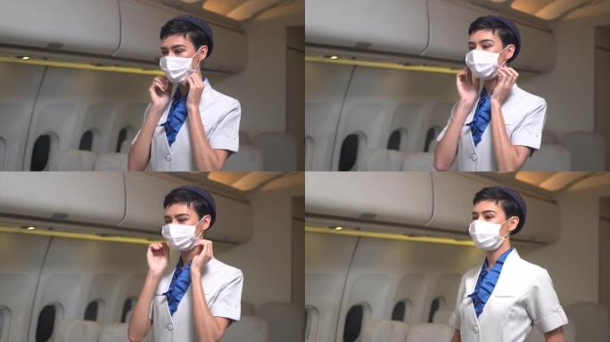 空姐演示如何戴防护面罩。