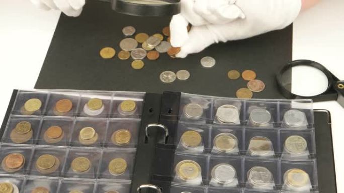 硬币收集者检查和分类硬币样本