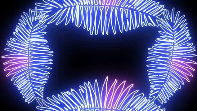 创意霓虹灯花，带紫外线的叶隧道，复古波浪灯。热带、异国情调和科技概念。