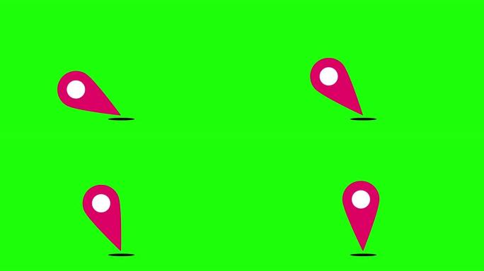 动画粉色地图别针指针站在绿屏背景上。