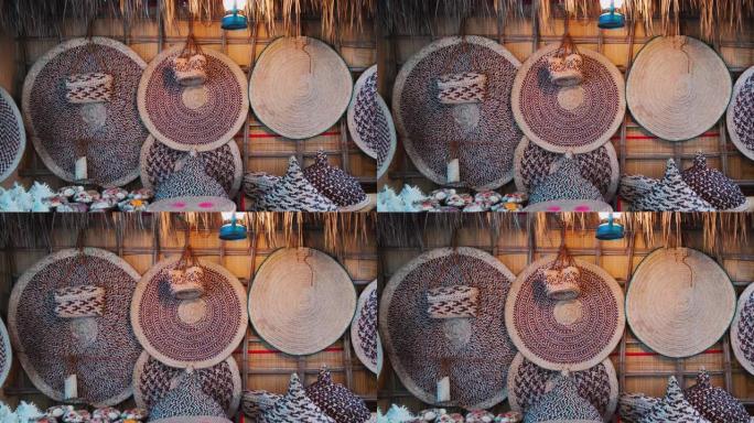 由干棕榈叶制成的编织垫子，篮子和袋子