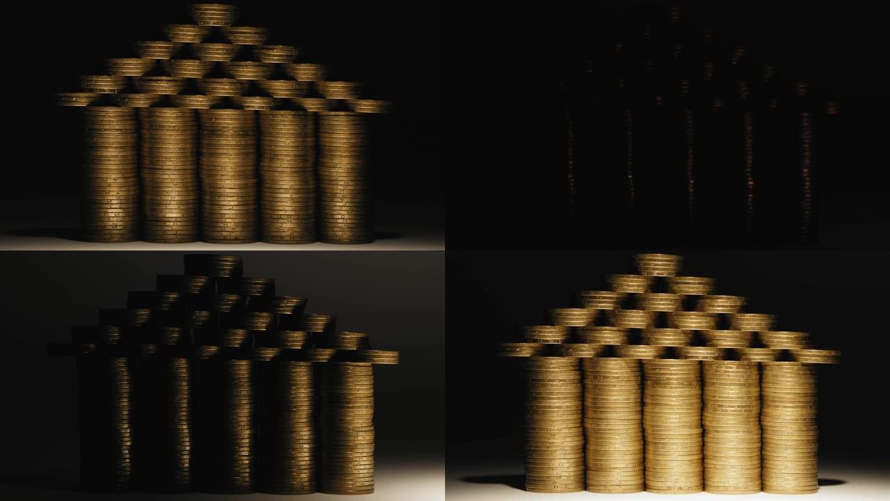 由金色硬币组装而成的假想银行或结构