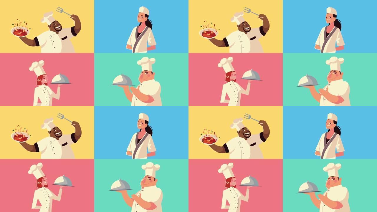 跨种族厨师工人团体漫画人物动画