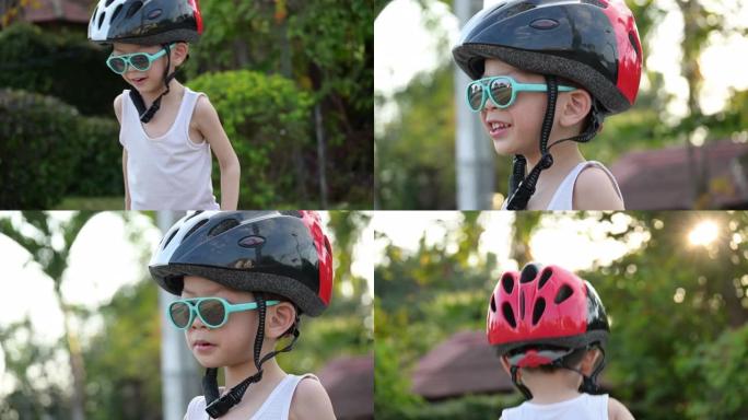 快乐的孩子在公园骑平衡自行车