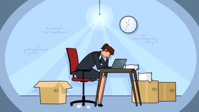 平板卡通女商人角色睡在工作场所附近的笔记本电脑办公室地下室动画