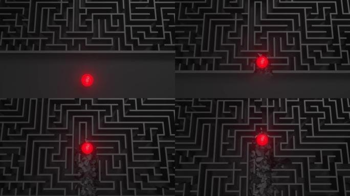 深黑色迷宫中的红色发光球。解决复杂业务问题或培训的概念。克服障碍和困难。成功之路。抗议。迷宫发现。3