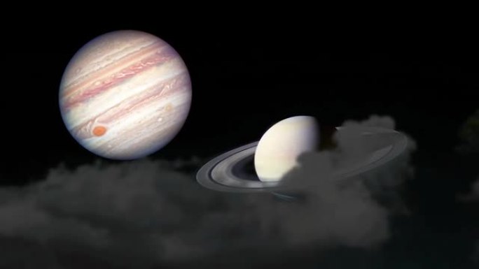 土星和木星上升回来的剪影云在夜空是罕见的现象
