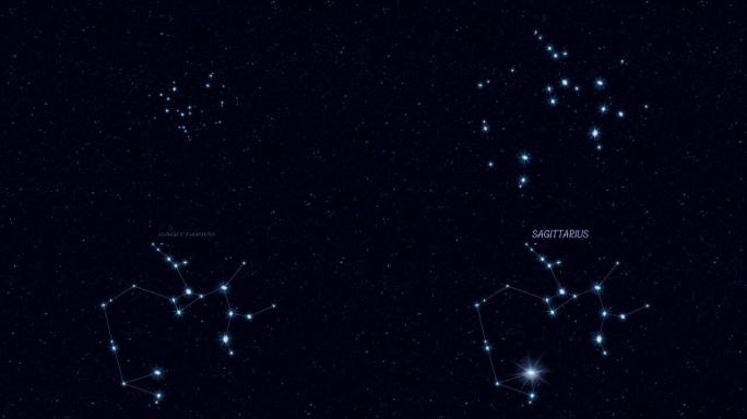 人马座星座，逐渐用恒星和轮廓缩放旋转图像