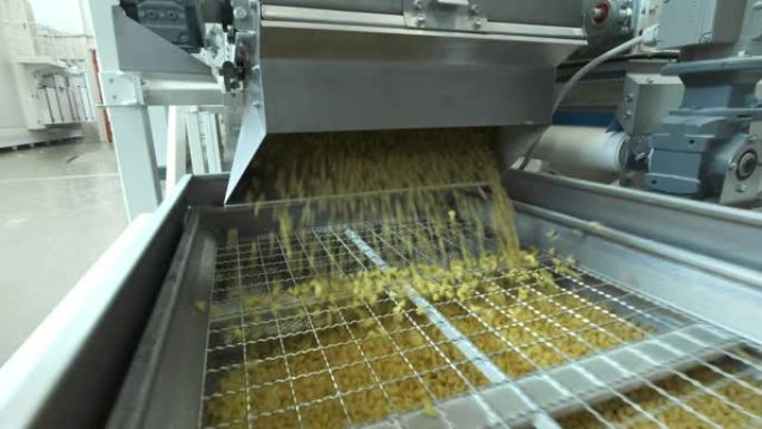 面食工厂和面食生产阶段。关闭从现代食品生产工厂的机器单元溢出的干通心粉。通心粉生产输送线。意大利面工
