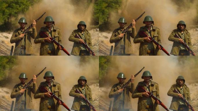 二战士兵在战场上，超慢镜头