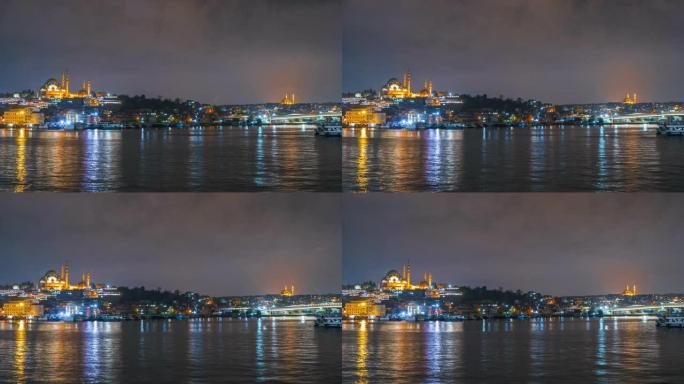 伊斯坦布尔城市景观苏莱曼清真寺 (Rustem Pasha Mosque) 与漂浮的旅游船在伊斯坦布