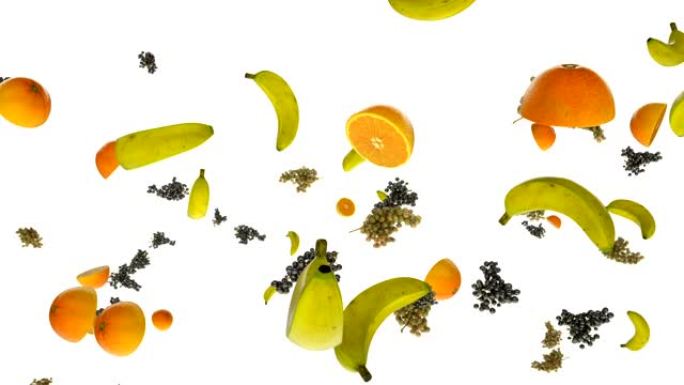 新鲜的葡萄，香蕉和橙子以慢动作对抗白色