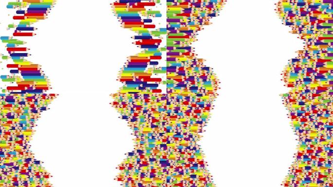 铅笔条3D虚拟等距洗牌波形图案，教育或商务文具概念设计插图白色背景动画4K，带复制空间