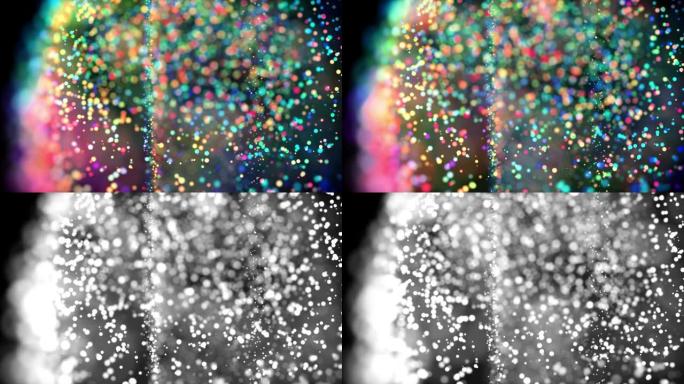 液体漂浮和闪闪发光的多色颗粒。4k 3d平流背景与闪闪发光的粒子，景深和黑化孤立在黑色。亮度哑光切出