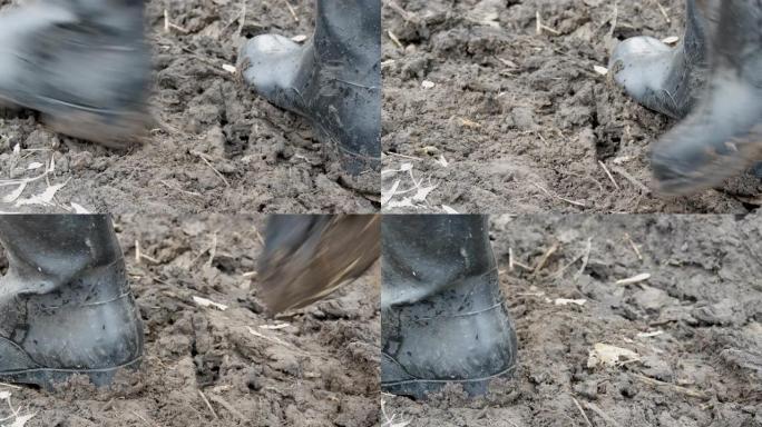 肮脏泥泞潮湿地面上的橡胶靴
