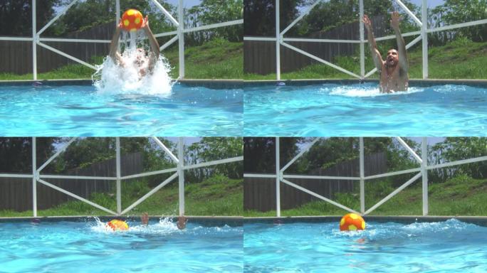 一名男子从水池中跳出水面并投掷球的慢动作