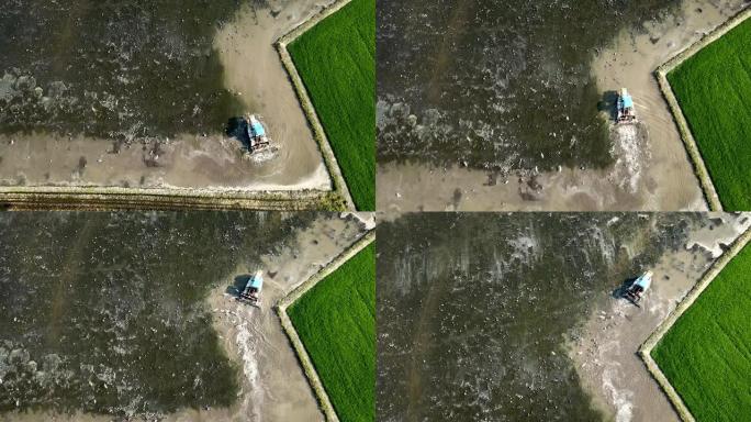 农业稻农前拖拉机犁田的鸟瞰图