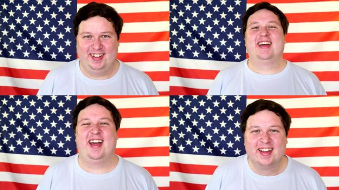 一个胖子在美国国旗的背景上大笑