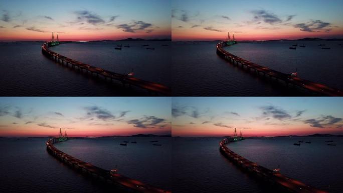 鸟瞰图视频4k。韩国仁川大桥的日落