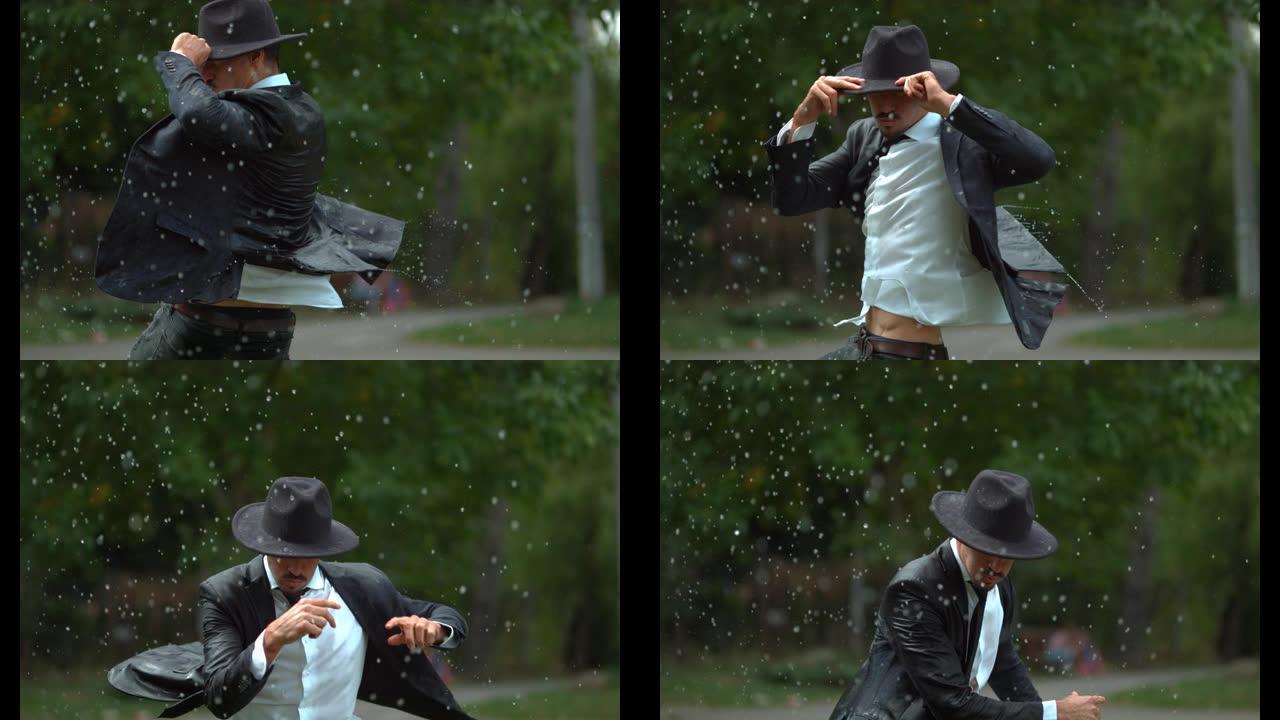 穿着黑色西装的男人在雨中，慢动作