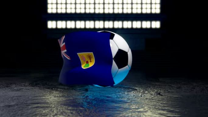 特克斯和凯科斯群岛的旗帜围绕着一个足球飘扬