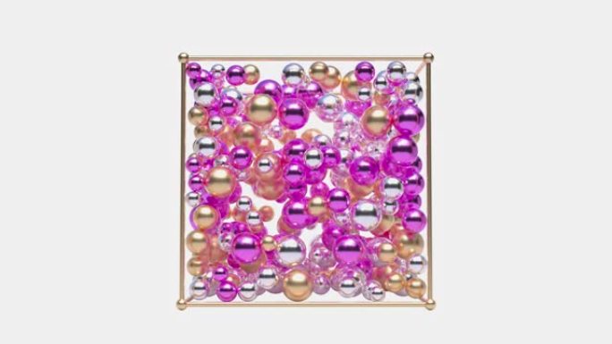 银色金色粉色/紫色多球/球形悬浮在侧面立方体形状抽象运动3d渲染