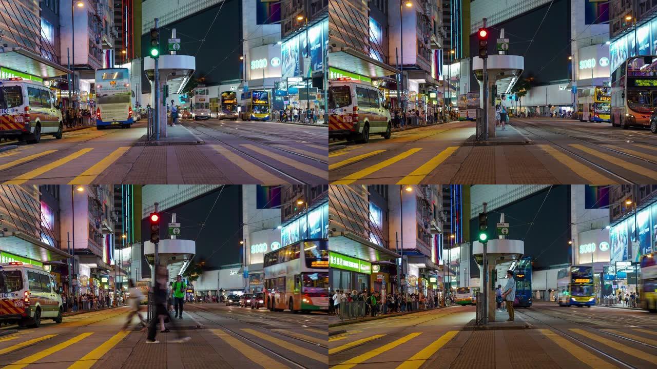 延时录像人们走过轩尼诗道铜锣湾，在香港中环道购物，在香港famaus place乘电车和火车旅行