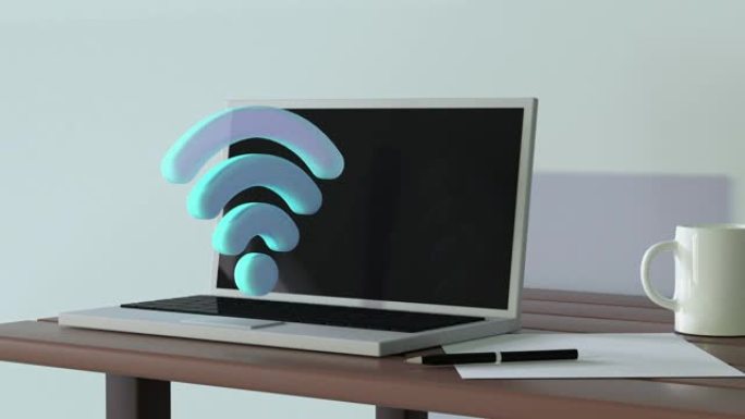 桌子白墙房间3d渲染技术概念wifi/互联网图标笔记本电脑