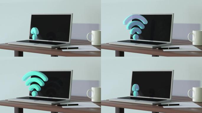 桌子白墙房间3d渲染技术概念wifi/互联网图标笔记本电脑