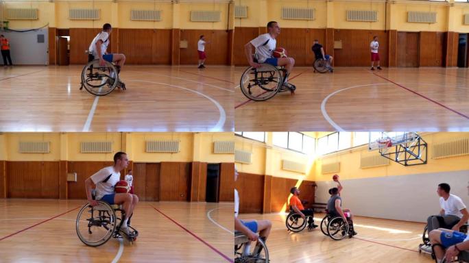 一群坐轮椅的运动员在体育馆打篮球