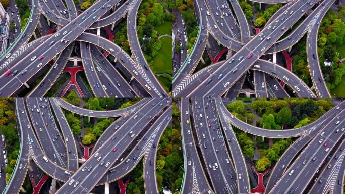 高速公路交叉口形状字母x十字的鸟瞰图。交通概念中的桥梁、道路或有树的街道。中国上海市城市建筑结构形状