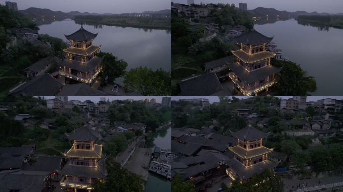 航拍蓬安县周子古镇夜景